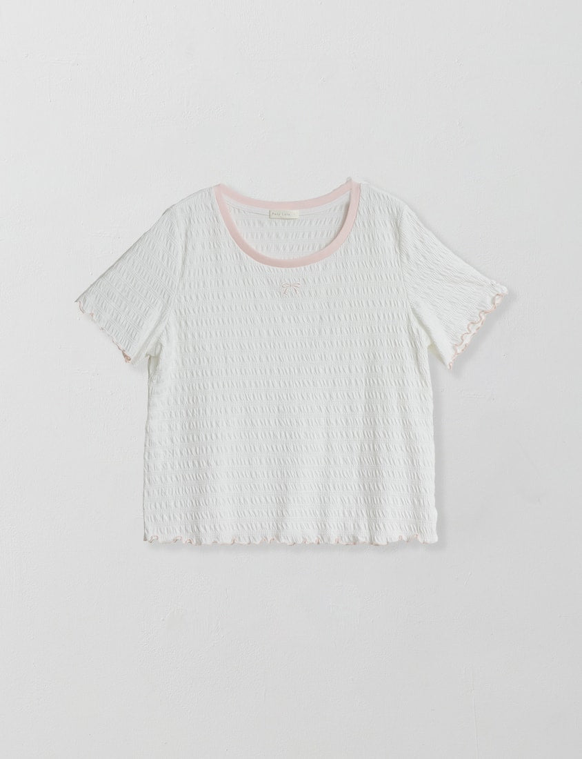 Bow Embroidery Ruffle Crinkle Plus Size Top