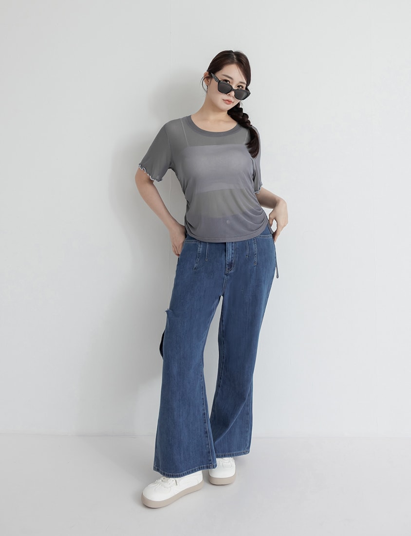 Side Drawstring Sheer Ruffle Sleeve Plus Size Top