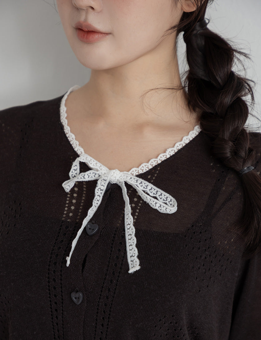 Lace Collar Heart Cutout Plus Size Knit Cardigan
