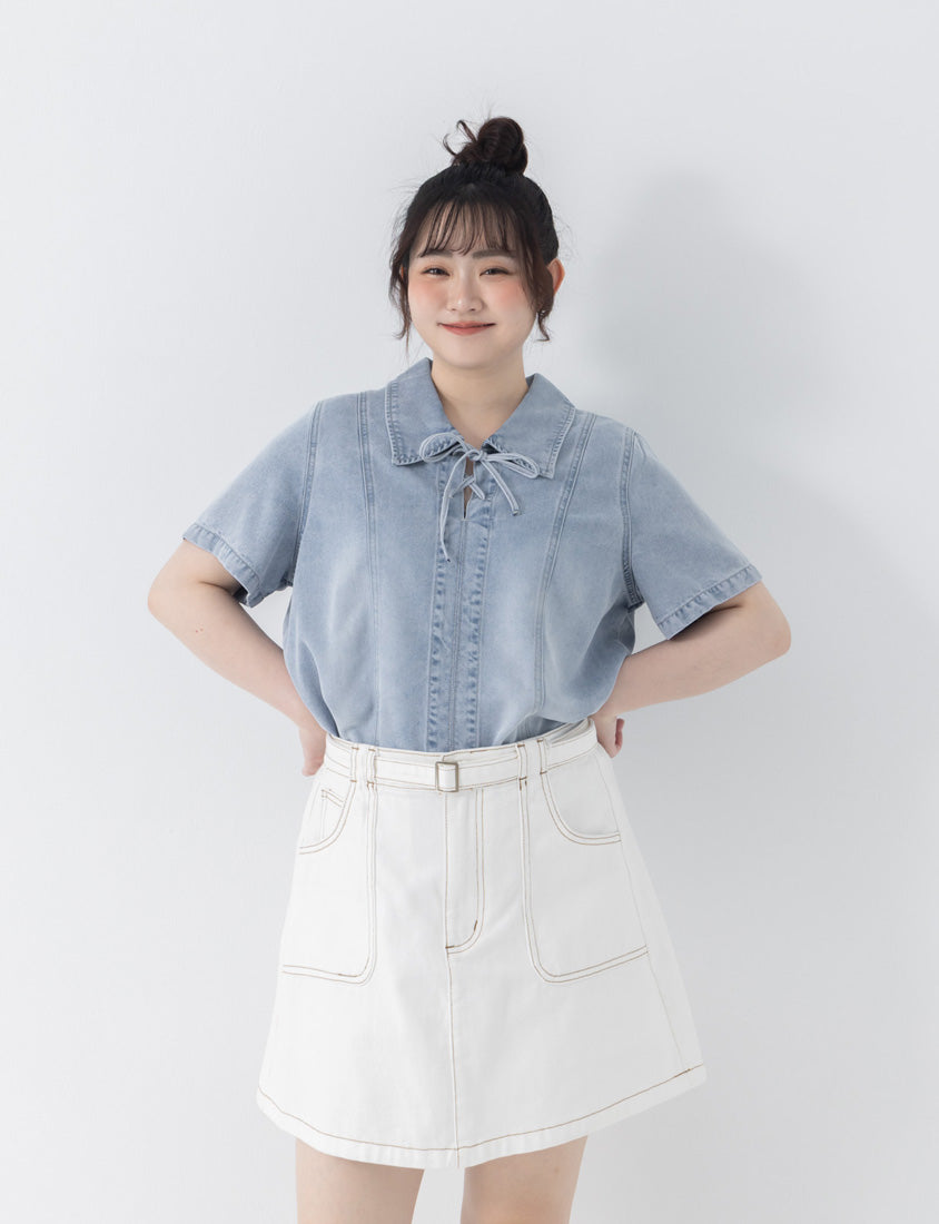 Tencel Silky Denim Tie-Front Collar Plus Size Top