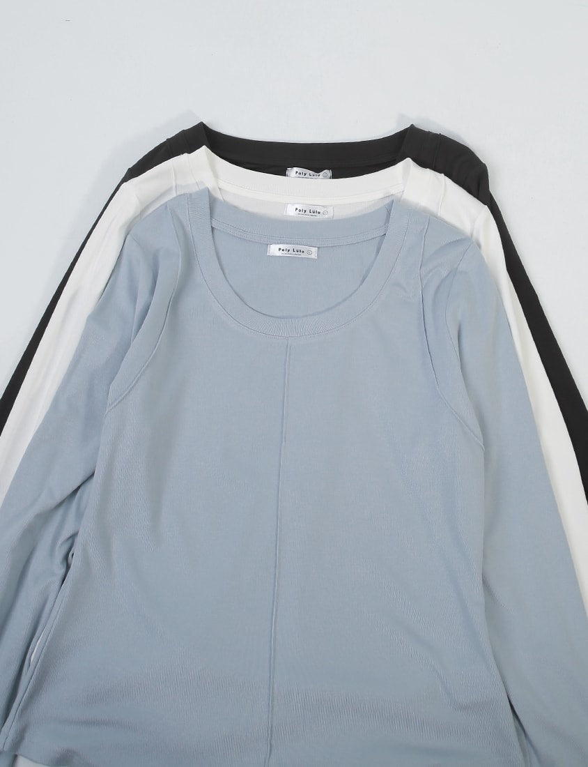 Crewneck 3D Pleated Plus Size Long Sleeve Tee