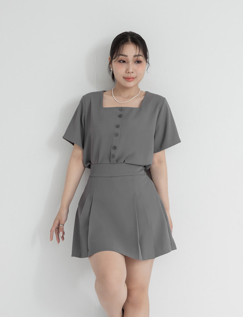 MISS. Elegant Square Neck Faux Button Chiffon Plus Size Top