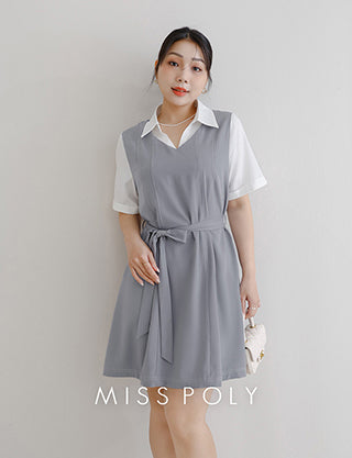 MISS. Faux Two-Piece Color-Block Stitching Plus Size Mini Dress (With Belt)