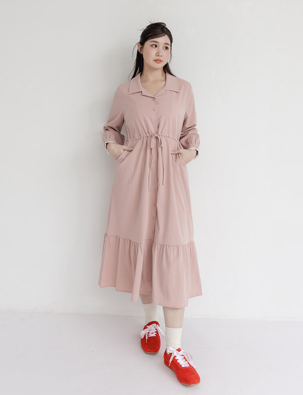 Cuban Collar Drawstring Waist Tiered Plus Size Dress