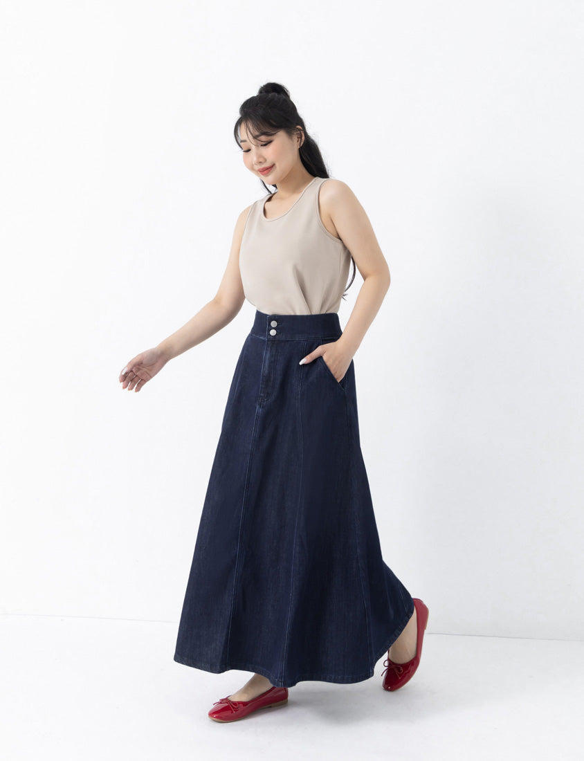 Lightweight Tencel Silky Denim Double Button Flare Plus Size Maxi Skirt