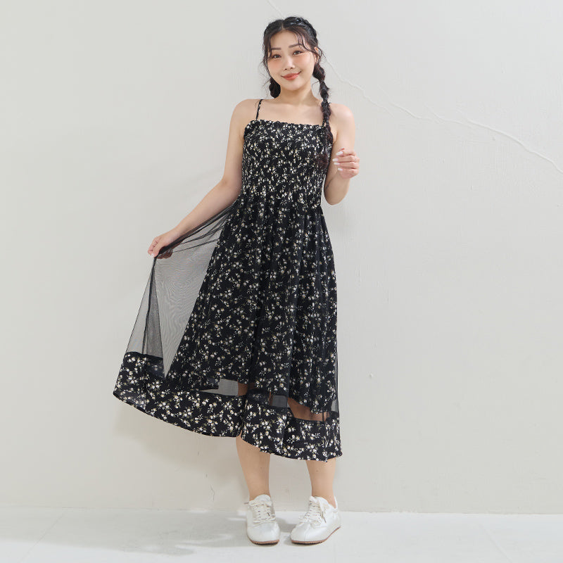 Layered Mesh Floral Adjustable Plus Size Strap Maxi Dress
