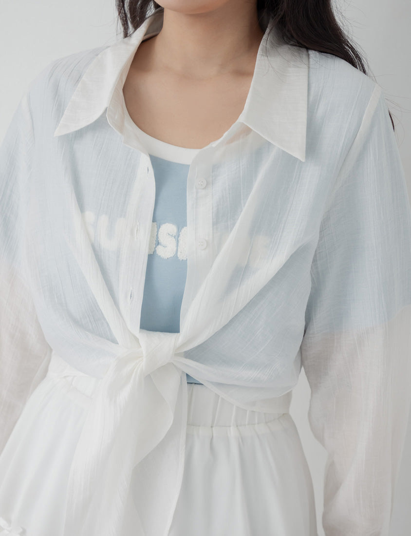 Tencel Silky Sheer Crinkle Tie-Front Plus Size Shirt