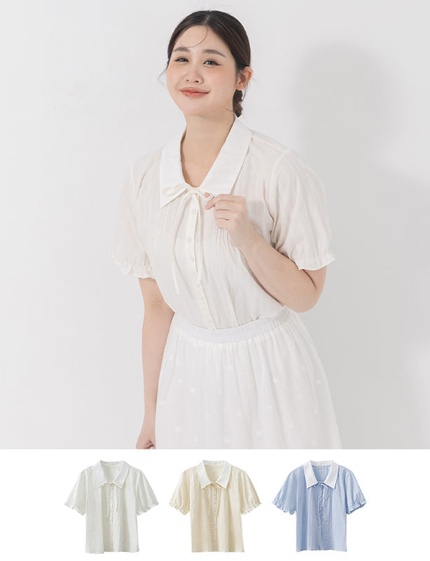 Sweet Pleated Collar Tie-Front Puff Sleeve Plus Size Shirt