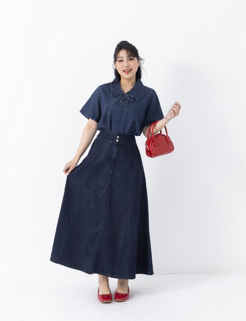 Lightweight Tencel Silky Denim Double Button Flare Plus Size Maxi Skirt