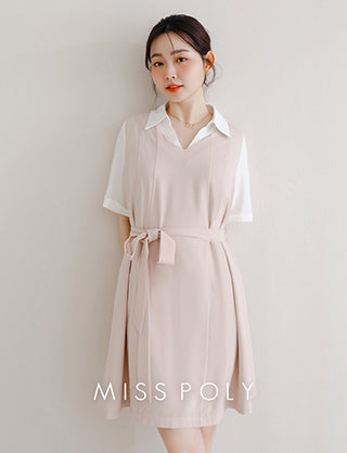 MISS. Faux Two-Piece Color-Block Stitching Plus Size Mini Dress (With Belt)