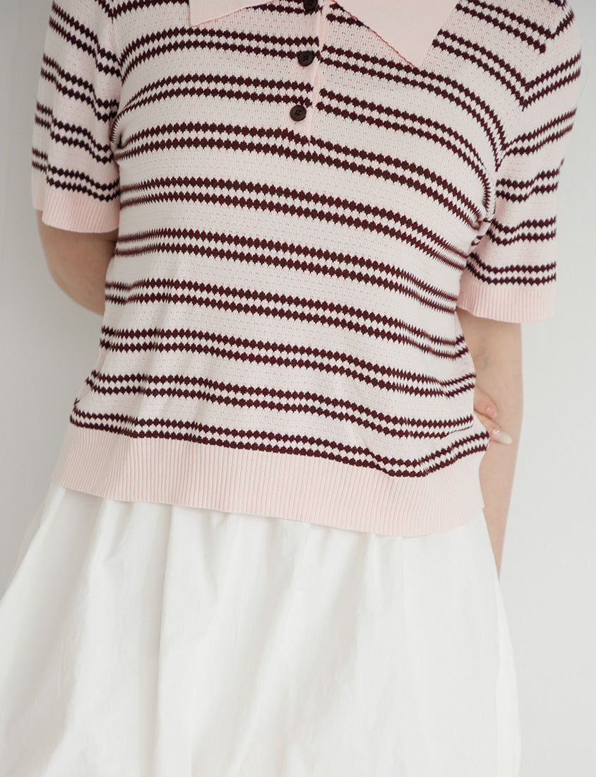 Collared Striped Knit Short Sleeve Plus Size Top