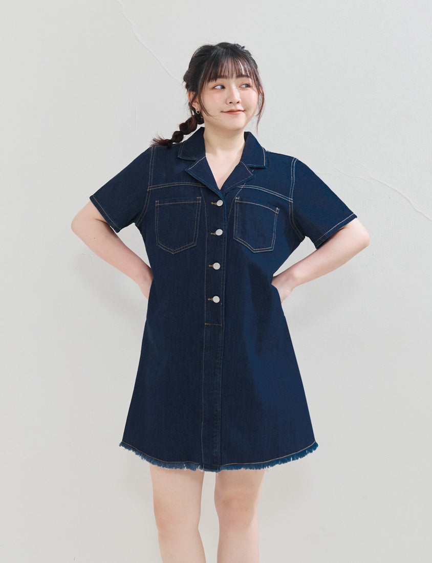Frayed Hem Pocket Denim Plus Size Mini Dress