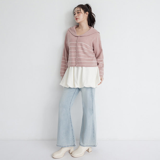 Striped Faux-Button Sailor Collar Plus Size Knit Top