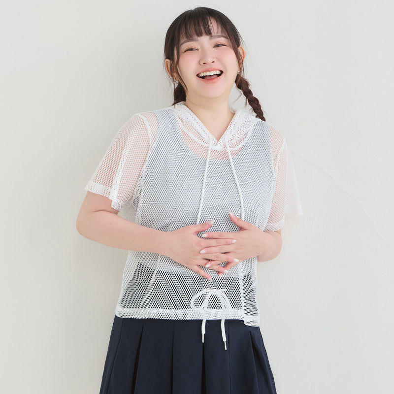 Casual Sporty Mesh Hooded Plus Size Top