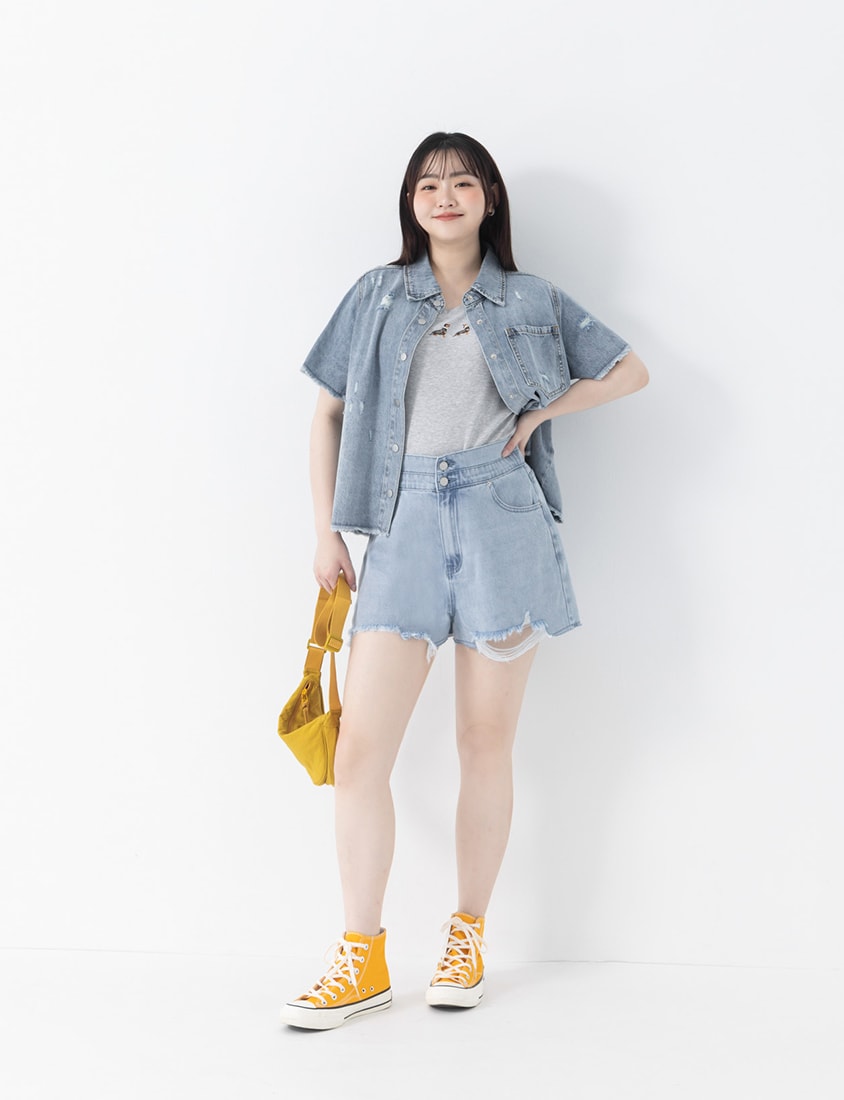 Tencel Silky Denim Double Button Distressed Plus Size Shorts