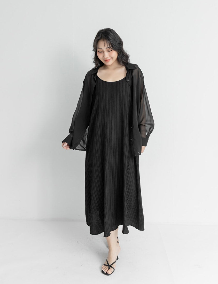 Sheer Shirt With Strap Dress Plus Size Set (With Waist Tie)