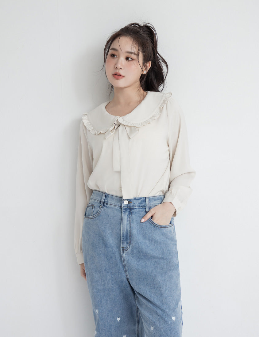Satin Ruffle Fairy Collar Plus Size Blouse (with Tie)