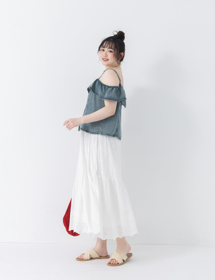 Tencel Silky Denim Ruffle Plus Size Off-Shoulder Top