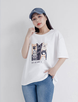 Kitty and Puppy Print Crew Neck Short Sleeve T-shirt