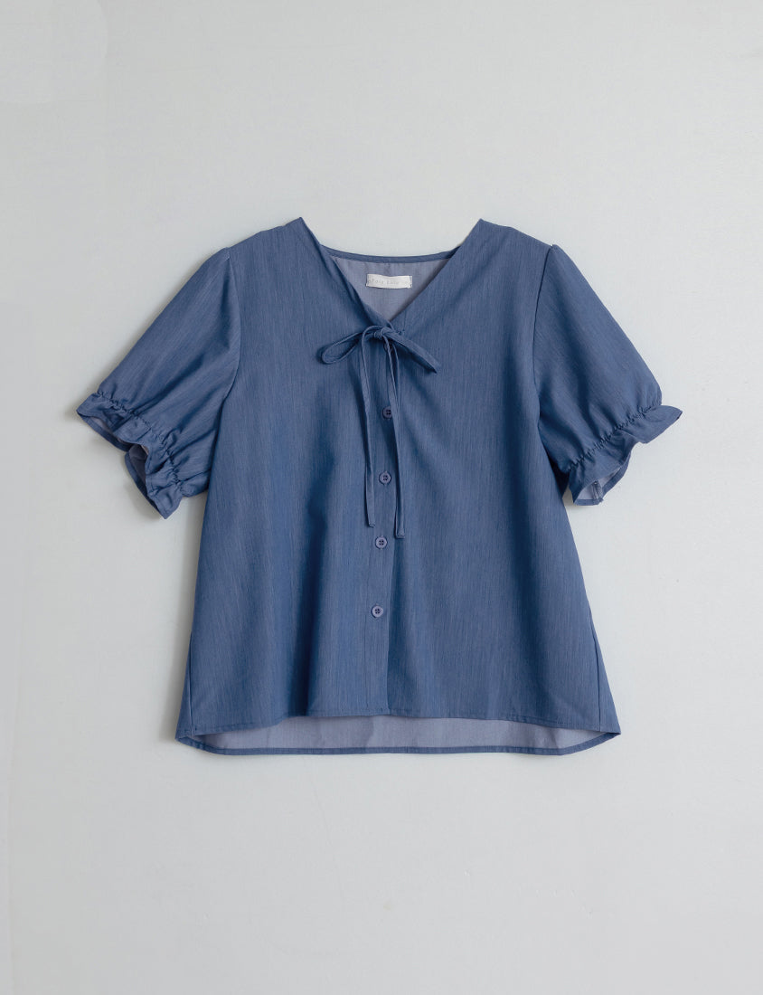 Cooling Tencel Silky Denim-Like Puff Sleeve Plus Size Shirt