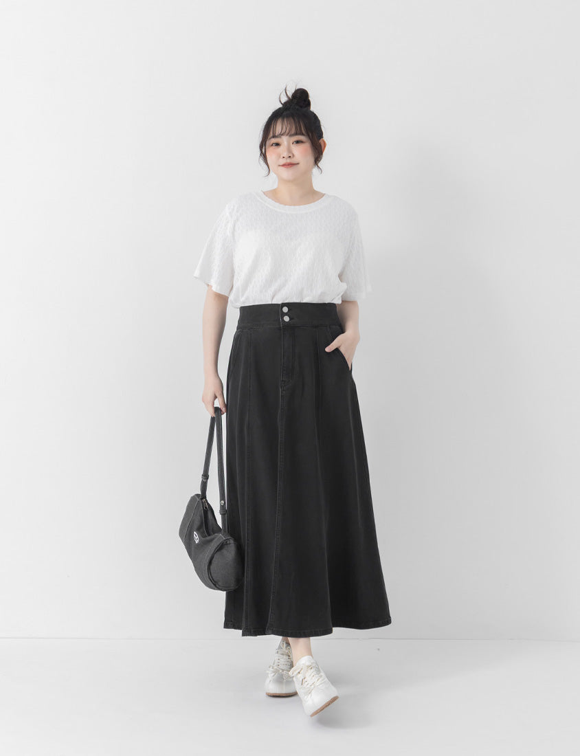 Lightweight Tencel Silky Denim Double Button Flare Plus Size Maxi Skirt
