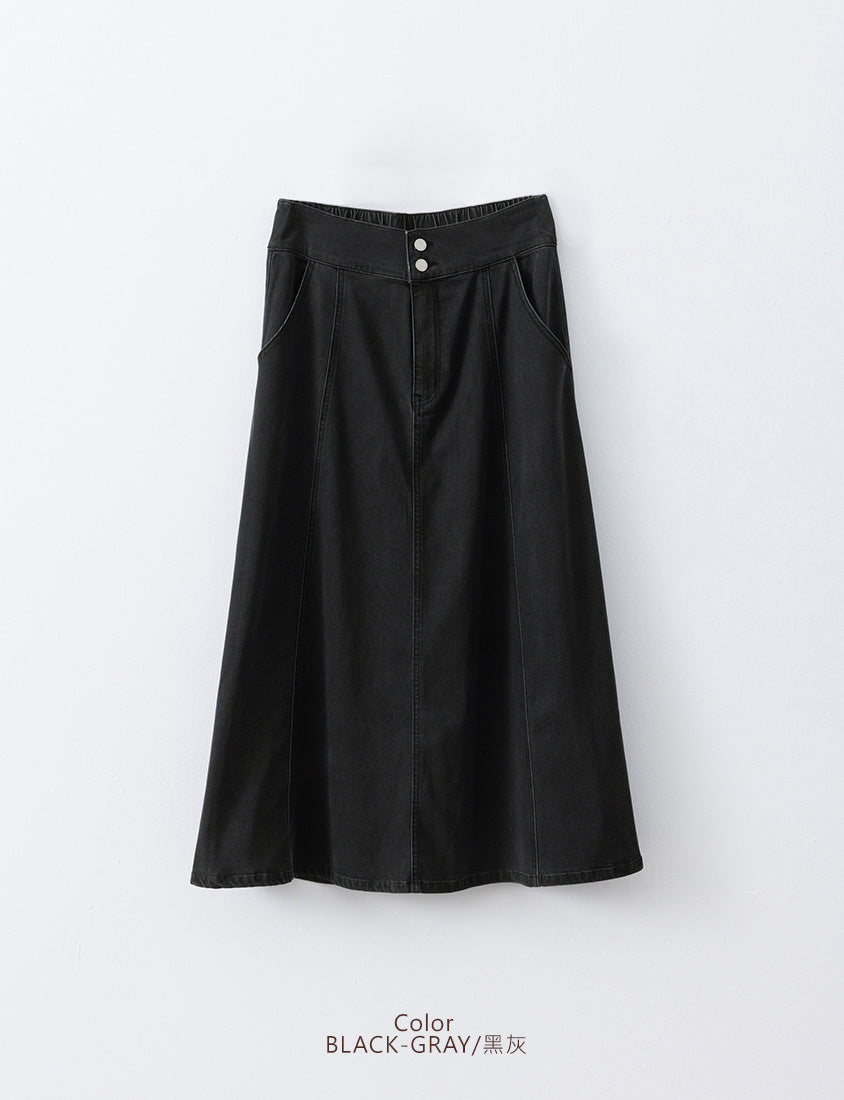Lightweight Tencel Silky Denim Double Button Flare Plus Size Maxi Skirt