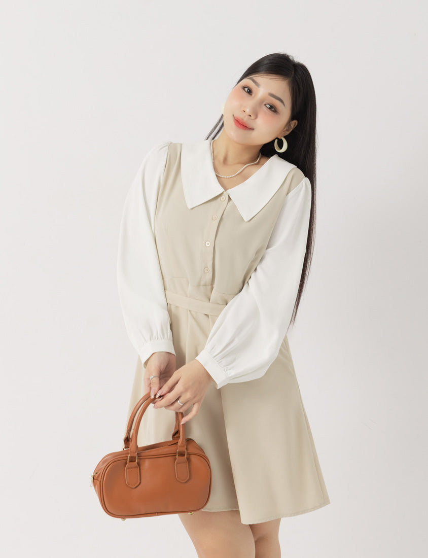 MISS. Faux Two Piece Chiffon Plus Size Long Sleeve Dress (With Waist Tie)