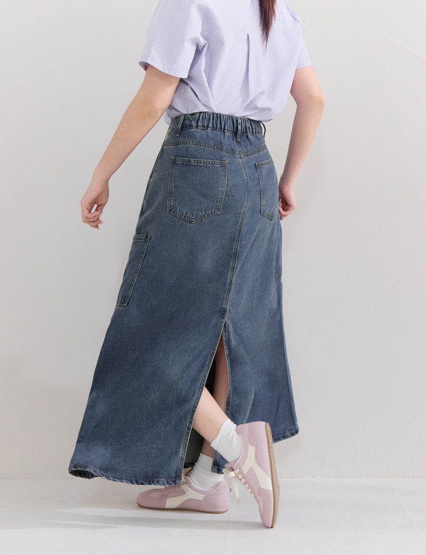 Cooling Lyocell Silky Denim Utility Plus Size Maxi Skirt