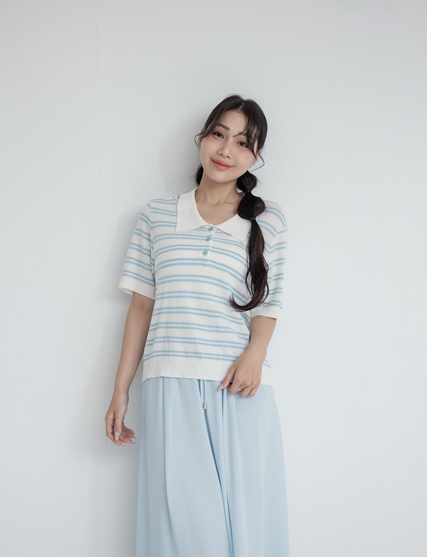Collared Striped Knit Short Sleeve Plus Size Top
