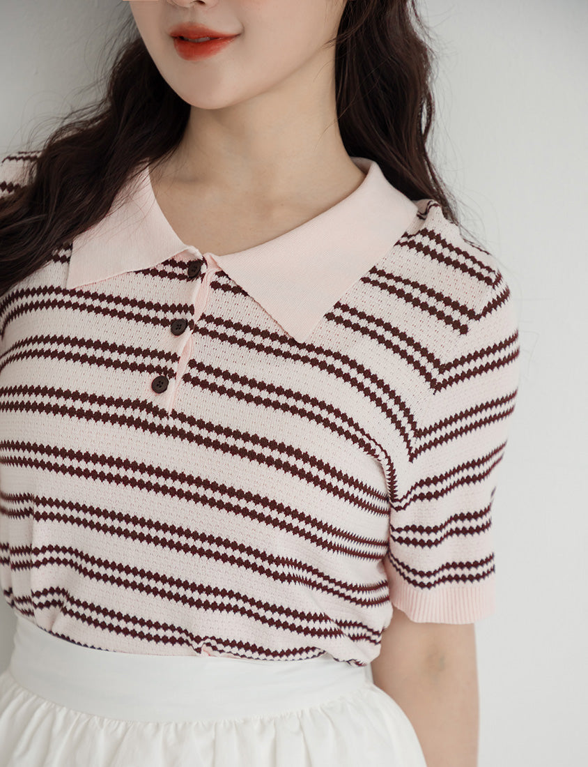 Collared Striped Knit Short Sleeve Plus Size Top