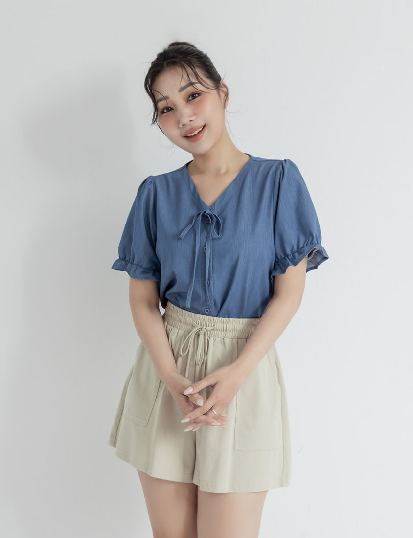 Cooling Tencel Silky Denim-Like Puff Sleeve Plus Size Shirt