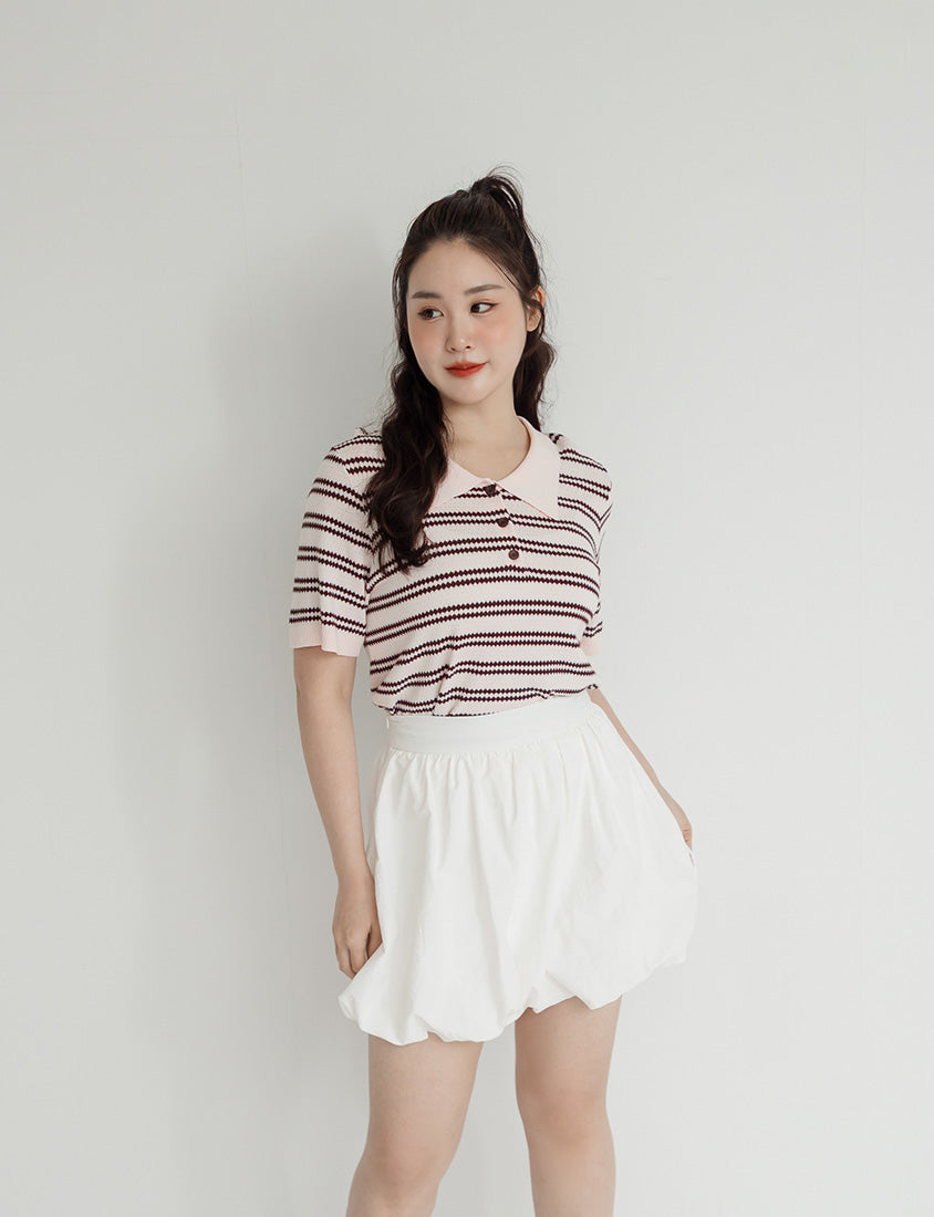 Collared Striped Knit Short Sleeve Plus Size Top