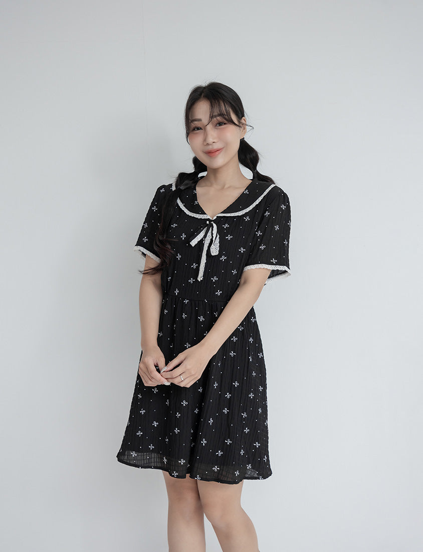 All-Over Bow Collared Plus Size Mini Dress