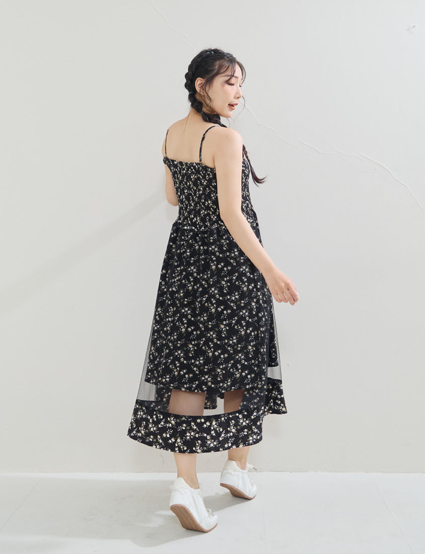 Layered Mesh Floral Adjustable Plus Size Strap Maxi Dress