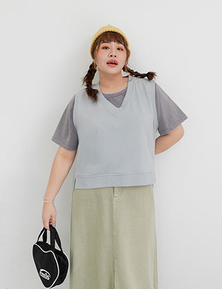 Sweet Versatile V-Neck Cotton Side Slit Plus Size Vest