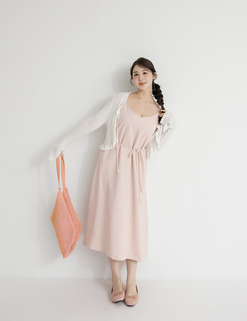Wrinkle-Resistant A-Line Plus Size Cami Maxi Dress (With Waist Tie)