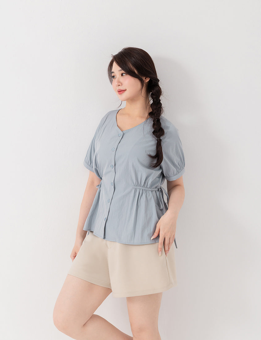 V-Neck Button Front Tie Waist Plus Size Top