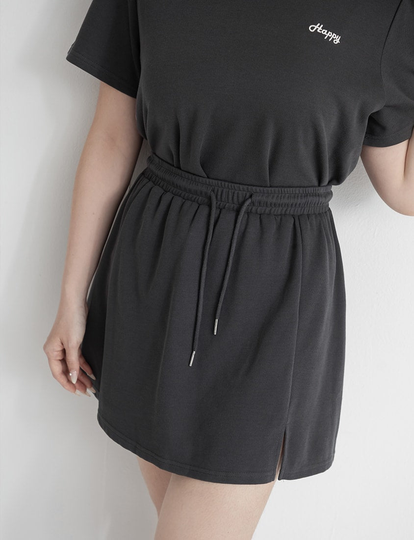 Soft Stretch Cotton Side Slit Drawstring Plus Size Mini Skirt