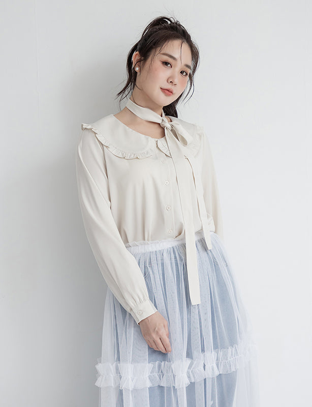 Satin Ruffle Fairy Collar Plus Size Blouse (with Tie)