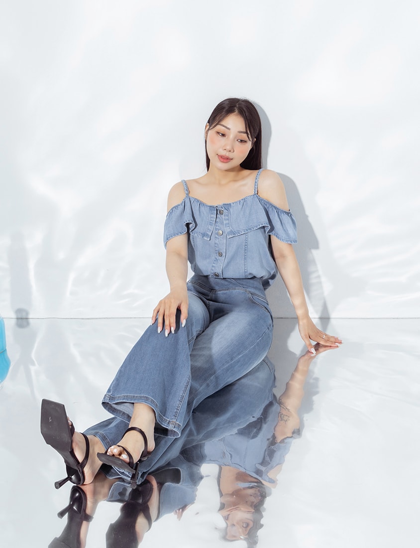Tencel Silky Denim Ruffle Plus Size Off-Shoulder Top