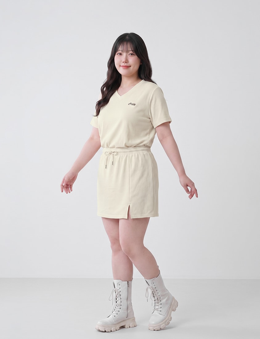Soft Stretch Cotton Side Slit Drawstring Plus Size Mini Skirt