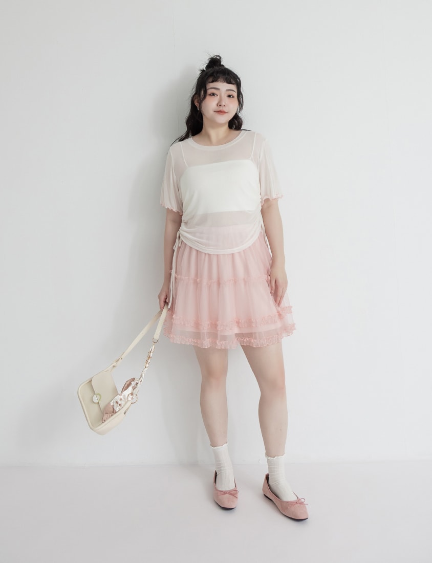 Side Drawstring Sheer Ruffle Sleeve Plus Size Top