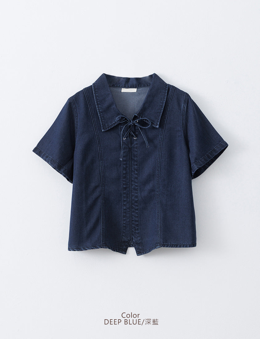 Tencel Silky Denim Tie-Front Collar Plus Size Top