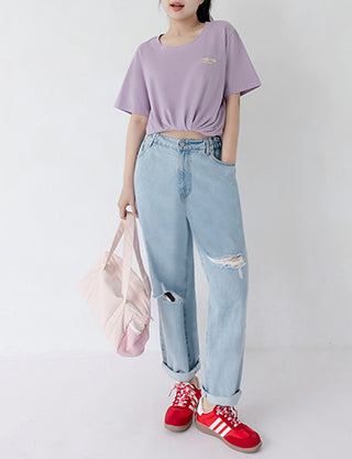 Distressed Side Elastic Waist Plus Size Boyfriend Jeans