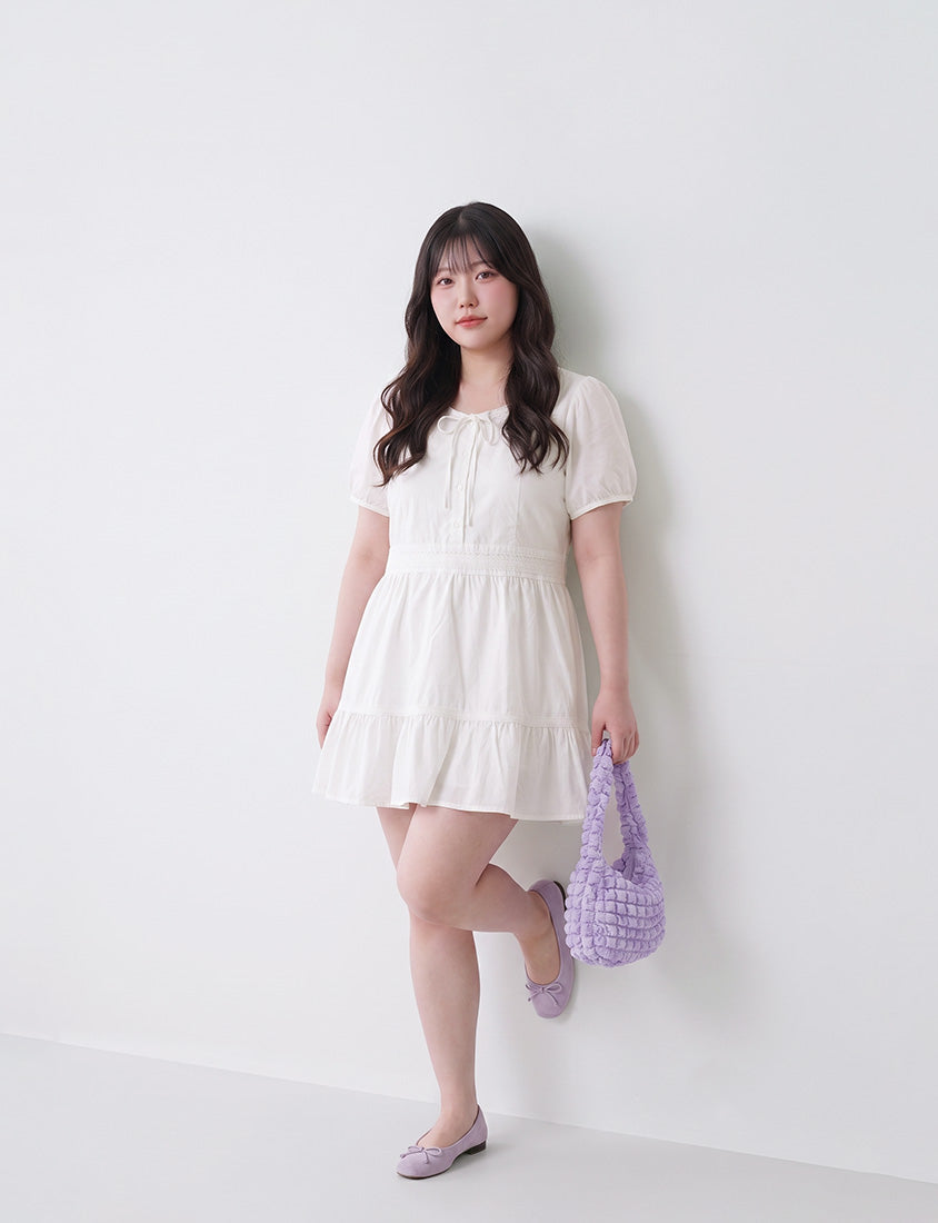 Tie Crew Neck Lace Panel Plus Size Mini Dress