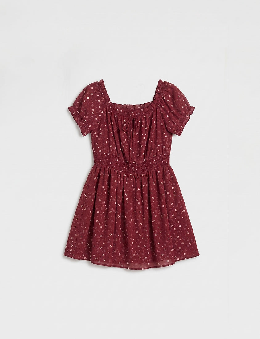 Vacation-Style Floral Euffle Off-Shoulder Plus Size Mini Dress