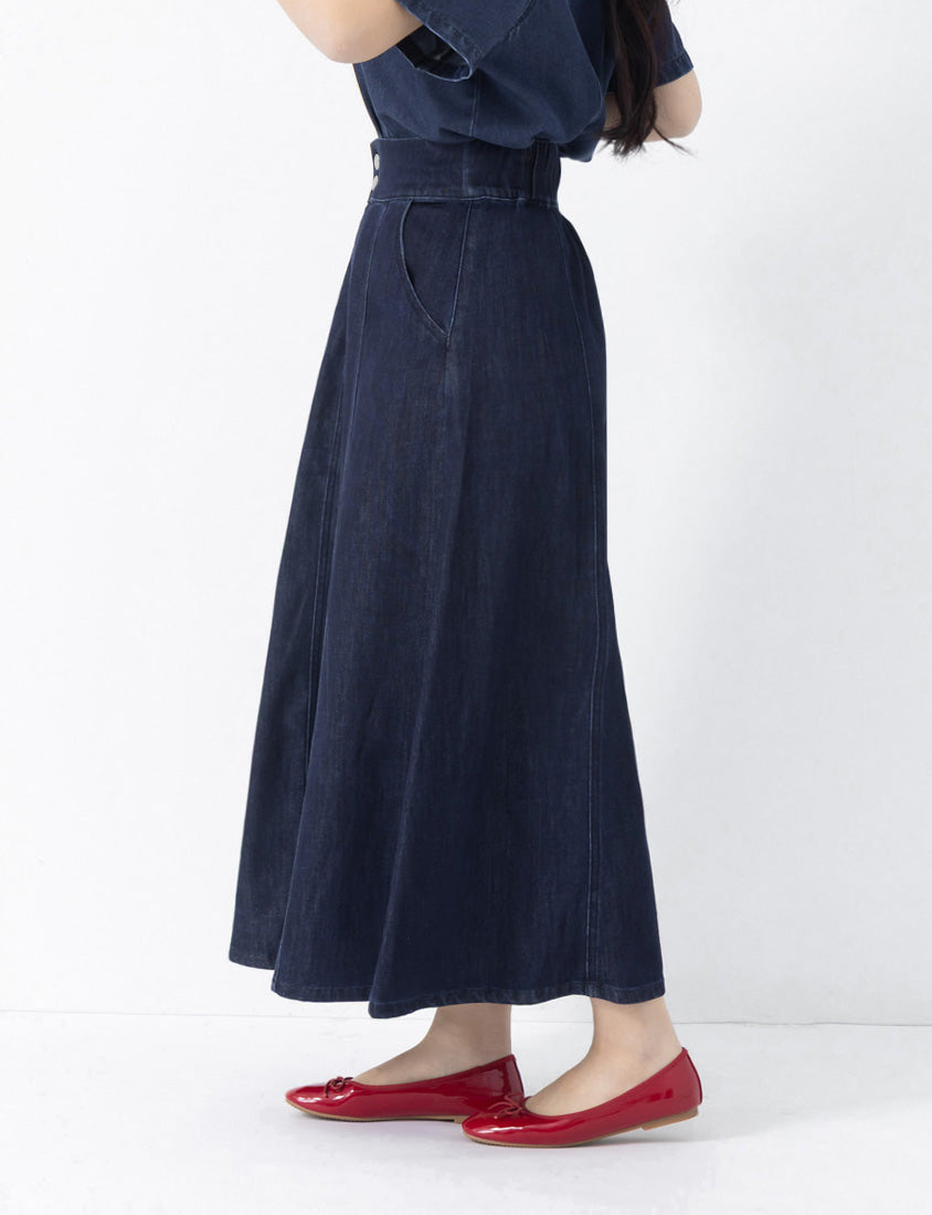 Lightweight Tencel Silky Denim Double Button Flare Plus Size Maxi Skirt