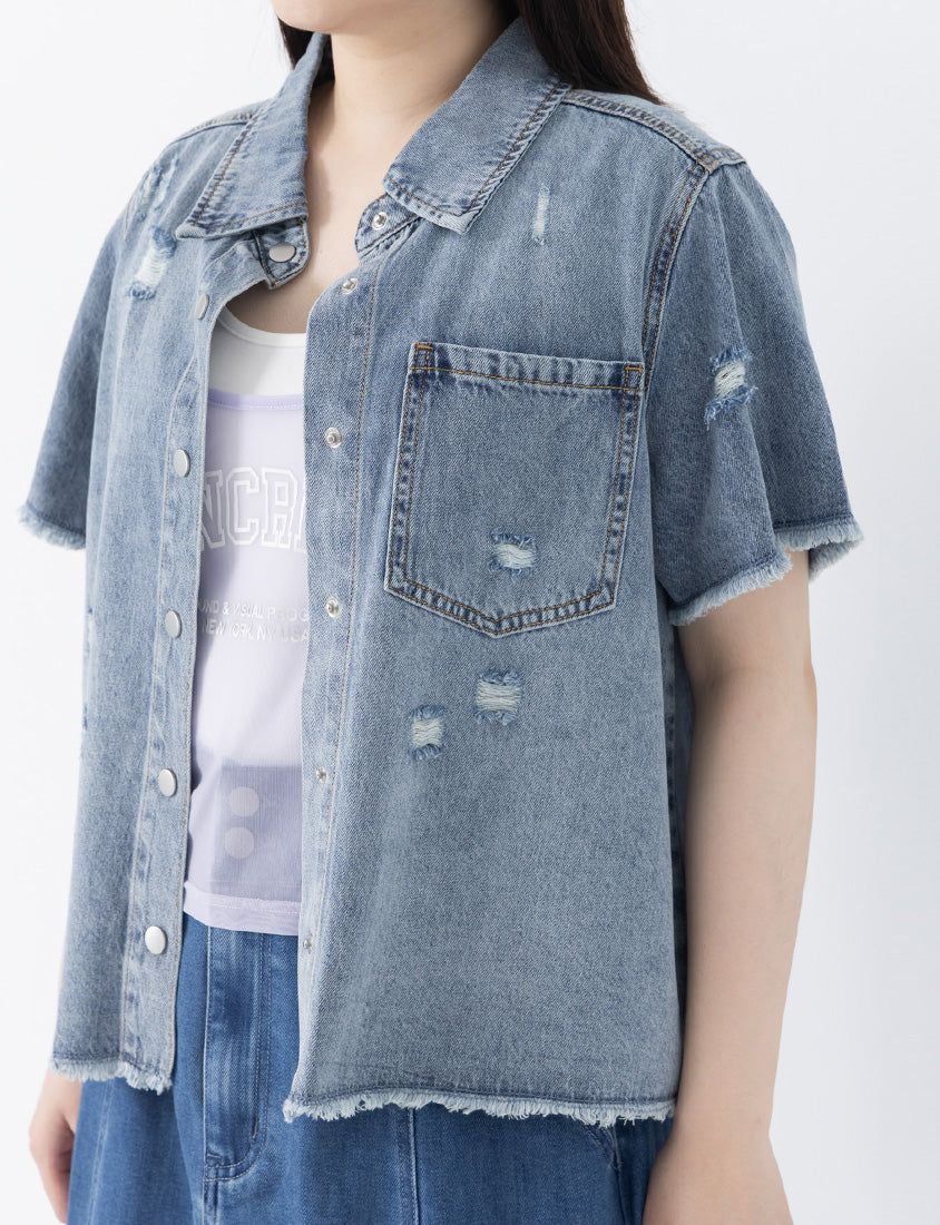 Tencel Silky Denim Distressed Plus Size Shirt Jacket