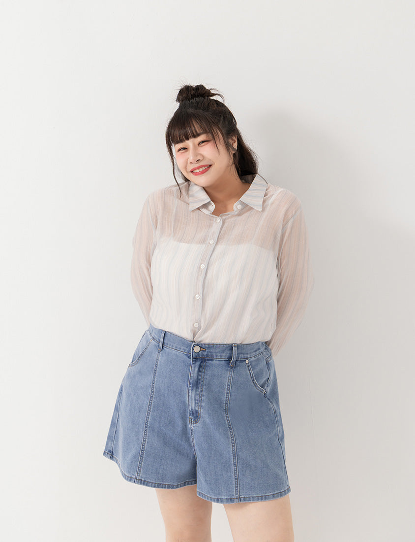Sheer Color Stripe Long Sleeve Plus Size Shirt