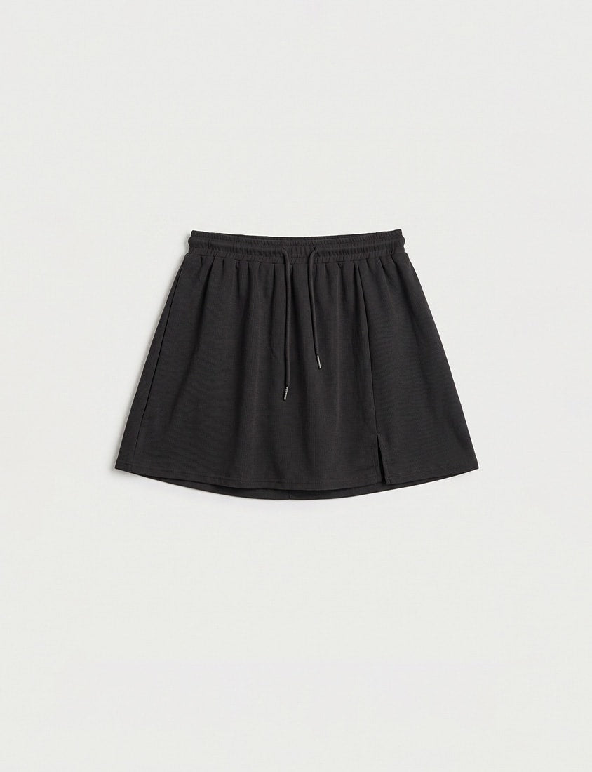 Soft Stretch Cotton Side Slit Drawstring Plus Size Mini Skirt